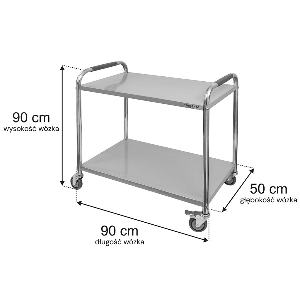 Wózek gastronomiczny kelnerski 90x50x90 cm Mega-M STANDARD 2 półki stal nierdzewna MTP004683 wymiarowanie