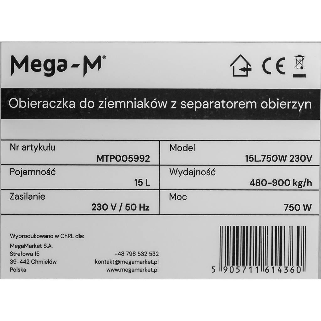 Obieraczka do ziemniaków Mega-M tabliczka znamionowa