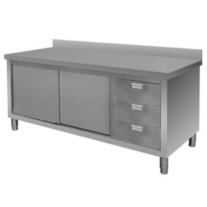 Zdjęcie produktu: Stół gastronomiczny ze stali nierdzewnej spawany przyścienny z szafką i blokiem 3 szuflad Mega-M 180x70x85 cm