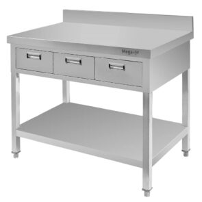 Zdjęcie produktu: Stół gastronomiczny ze stali nierdzewnej przyścienny z półką i 3 szufladami Mega-M 100x60x85 cm