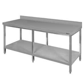 Zdjęcie produktu: Stół gastronomiczny ze stali nierdzewnej przyścienny z półką i 6 nogami Mega-M 180x70x85 cm