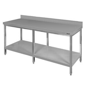 Zdjęcie produktu: Stół gastronomiczny ze stali nierdzewnej przyścienny z półką i 6 nogami Mega-M 180x80x85 cm