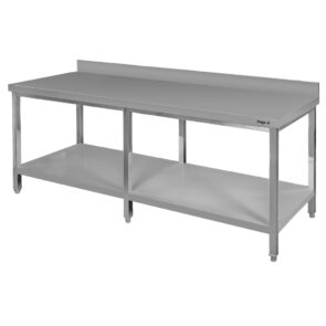 Zdjęcie produktu: Stół gastronomiczny ze stali nierdzewnej przyścienny z półką i 6 nogami Mega-M 220x80x85 cm
