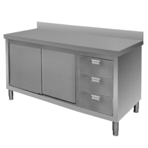 Zdjęcie produktu: Stół gastronomiczny ze stali nierdzewnej spawany przyścienny z szafką i blokiem 3 szuflad Mega-M 140x60x85 cm