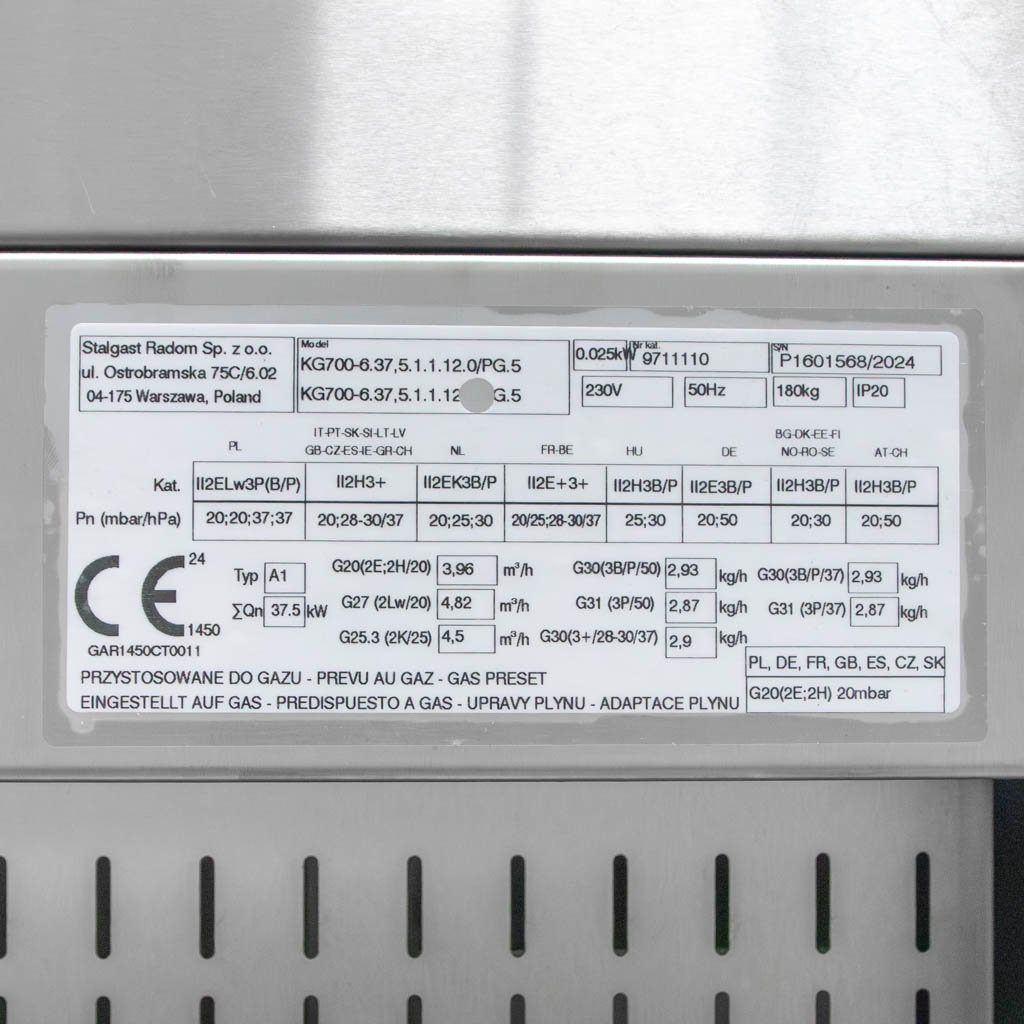Kuchnia gazowa sześciopalnikowa z piekarnikiem gazowym G20 STALGAST 9711110 37.5 kW POWYSTAWOWA