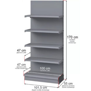 Zdjęcie produktu: Regał sklepowy Mega-M Merkury przyścienny H-170 cm L-101,5 cm G-47 cm moduł dostawny grafitowy