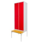 Zdjęcie produktu: Szafka BHP ubraniowa na podstawie z ławeczką Mega-M pracownicza 2-drzwiowa S-60 cm szara/czerwony front