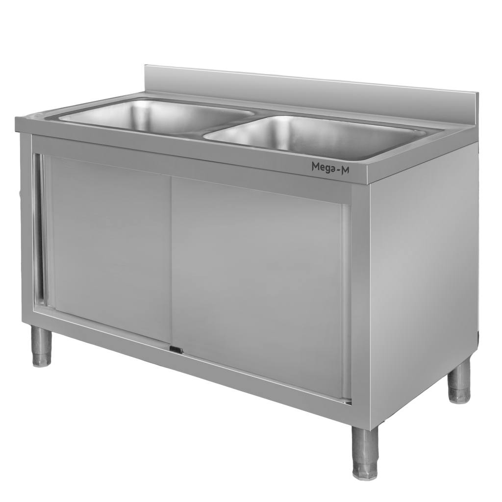 Zlew gastronomiczny dwukomorowy z szafką Mega-M 120x70x85 cm stal nierdzewna