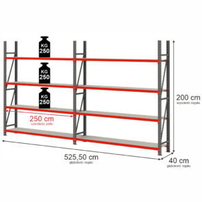 Zdjęcie produktu: Regał magazynowy 8-półkowy Mega-M FORTIS H-200 cm L-525.5 cm G-40 cm