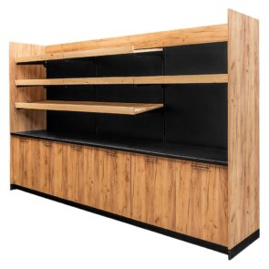 Zdjęcie produktu: Regał ekspozycyjno-sprzedażowy zakasowy Mega-M H- 230 cm L- 364 cm G- 63 cm dąb kraft/czarny