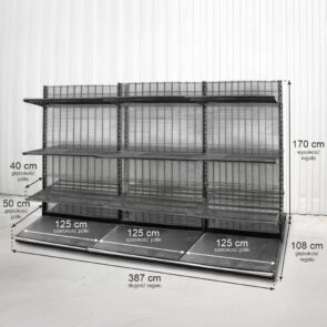 Zdjęcie produktu: Regał sklepowy WIRELAND (Solid York) dwustronny H-170 cm L-387 cm 18 półek tył kratowany