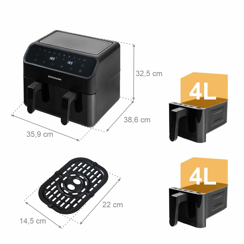 Frytkownica beztłuszczowa Air Fryer BERGMANN YA dwa kosze 2x4L 2000W