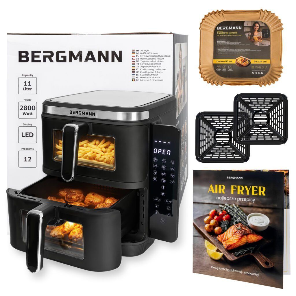 Frytkownica beztłuszczowa Air Fryer BERGMANN YI dwa kosze 2x5,5L 2800W książka kucharska w zestawie