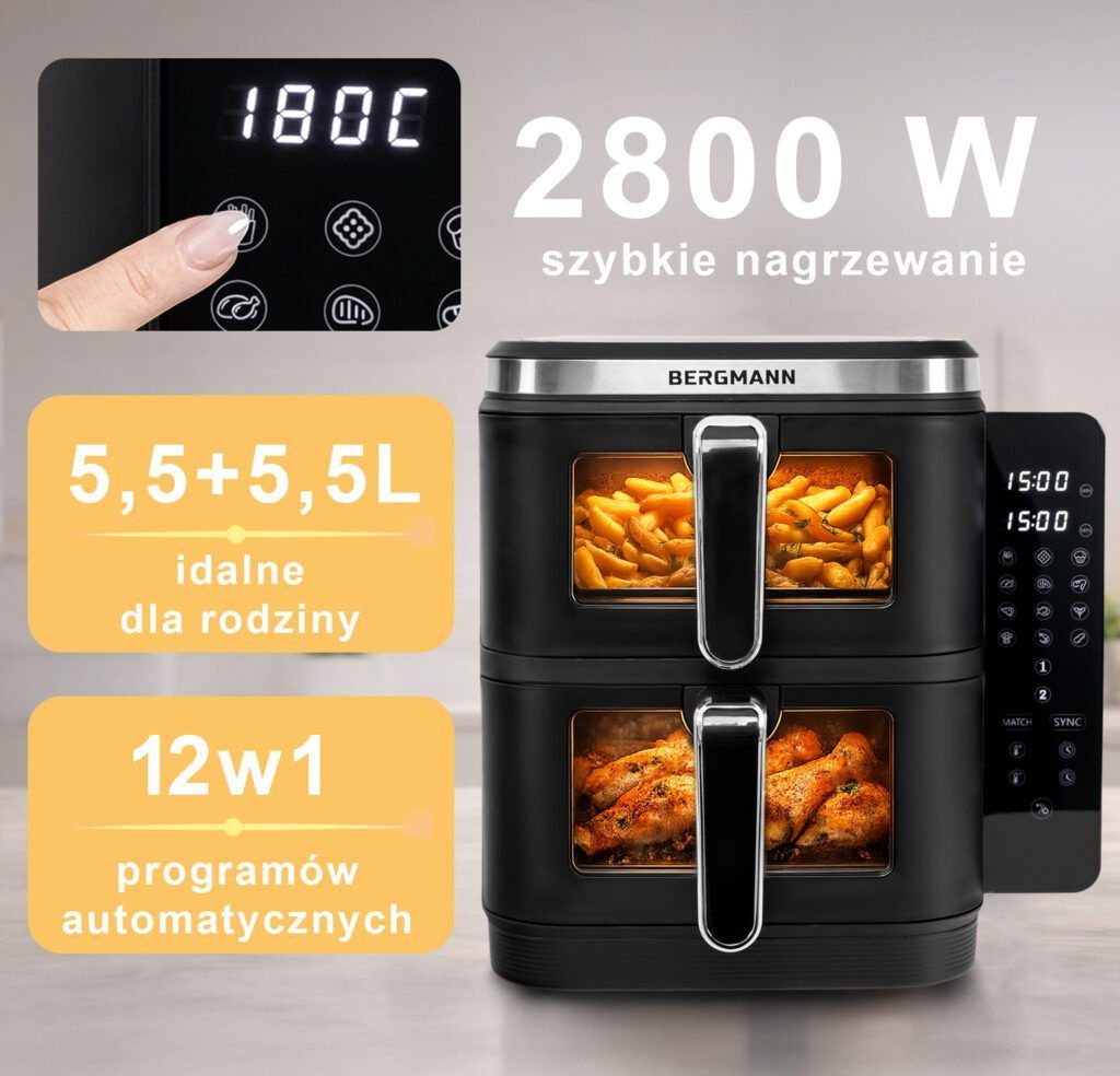 Frytkownica beztłuszczowa Air Fryer BERGMANN YI dwa kosze 2x5,5L 2800W książka kucharska w zestawie
