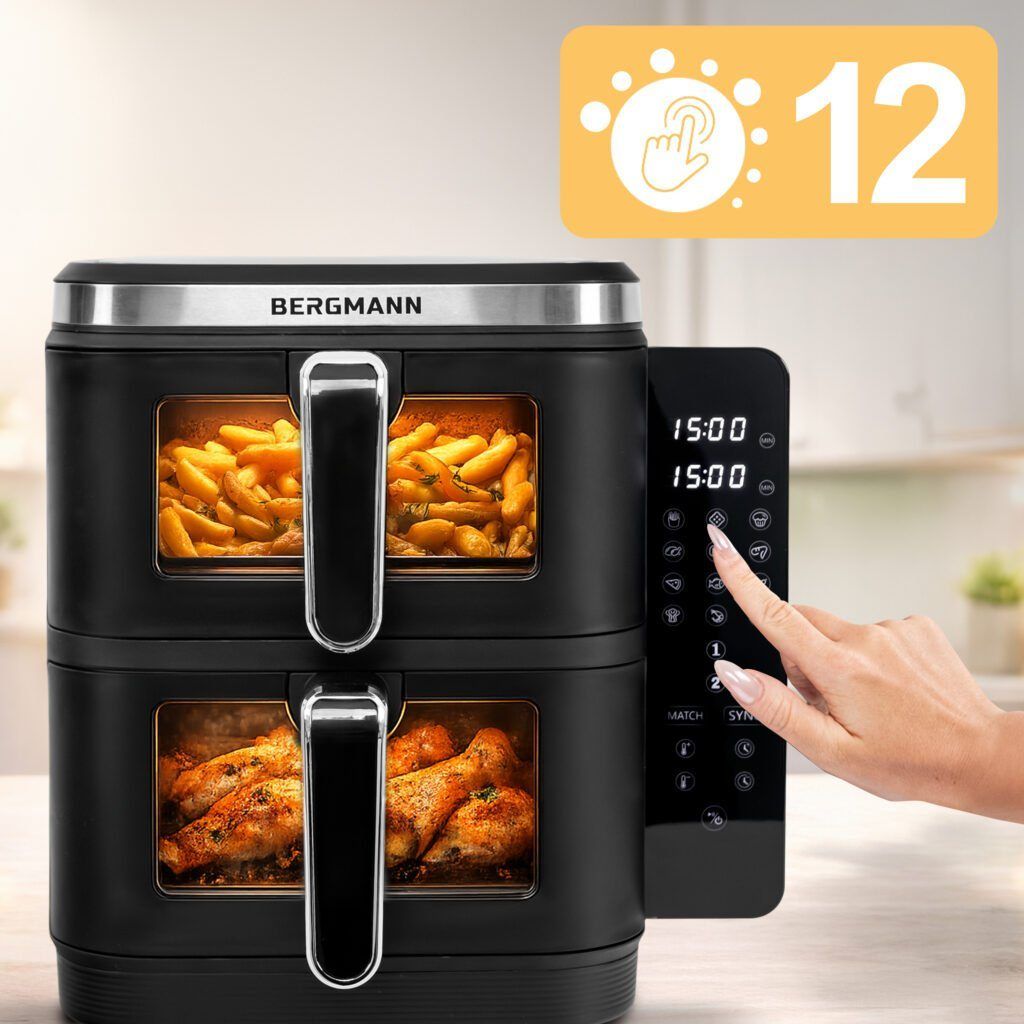Frytkownica beztłuszczowa Air Fryer BERGMANN YI dwa kosze 2x5,5L 2800W książka kucharska w zestawie