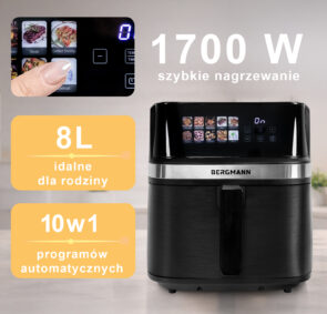Zdjęcie produktu: Frytkownica beztłuszczowa Air Fryer BERGMANN YI kosz 8L 1700W książka kucharska w zestawie