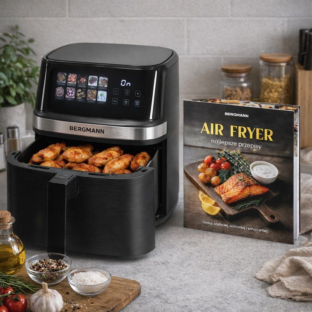 Frytkownica beztłuszczowa Air Fryer BERGMANN YI kosz 8L 1700W książka kucharska w zestawie