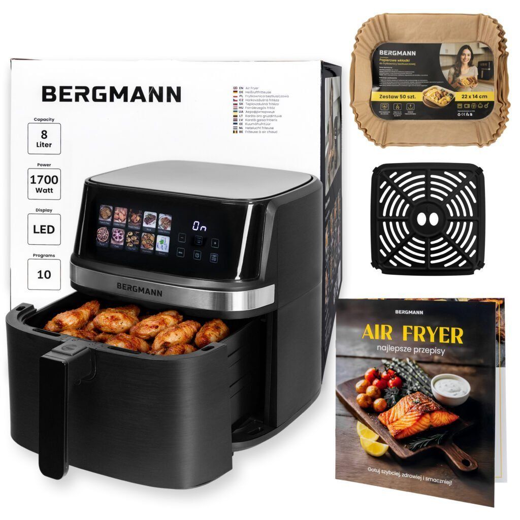 Frytkownica beztłuszczowa Air Fryer BERGMANN YI kosz 8L 1700W książka kucharska w zestawie