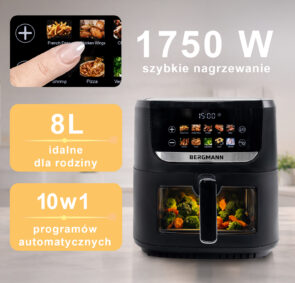 Zdjęcie produktu: Frytkownica beztłuszczowa Air Fryer BERGMANN YI kosz 8L 1750W książka kucharska w zestawie