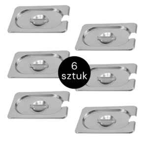 Zdjęcie produktu: Pokrywka do GN 1/9 ze stali nierdzewnej Mega-M 17,6×10,8 cm z wycięciem na chochlę zestaw 6 szt.