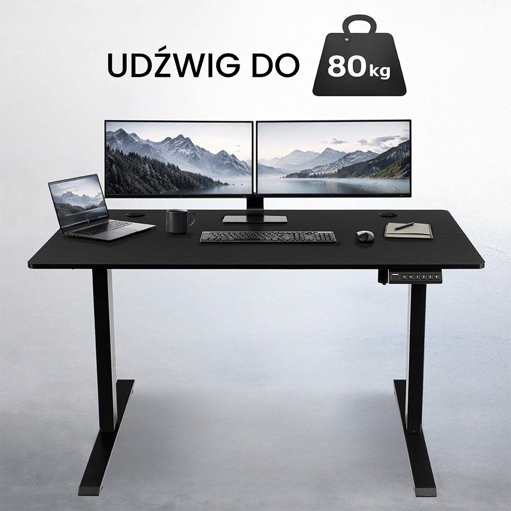 biurko regulowane elektrycznie, biurko z regulacją wysokości, biurko ergonomiczne, biurko czarne, biurko do home office, ciche biurko z silnikiem