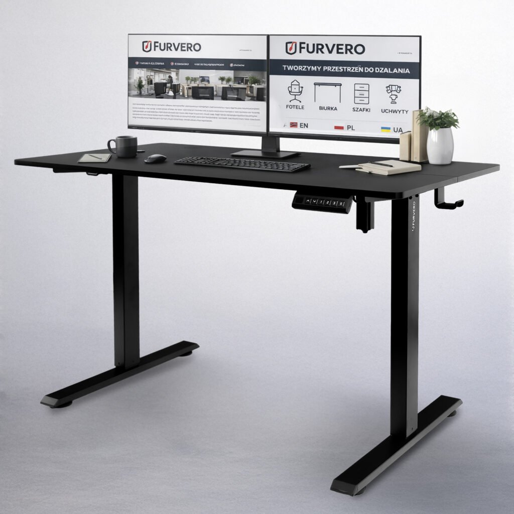 biurko regulowane elektrycznie, biurko z regulacją wysokości, biurko ergonomiczne, biurko czarne, biurko do home office, ciche biurko z silnikiem