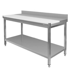 Zdjęcie produktu: Stół gastronomiczny masarski rozbiorowy przyścienny z deską do krojenia i półką Mega-M 150x60x85 cm