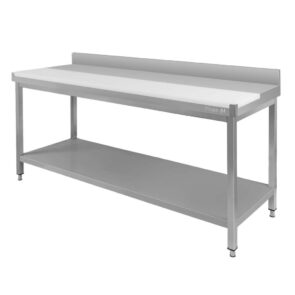 Zdjęcie produktu: Stół gastronomiczny masarski rozbiorowy przyścienny z deską do krojenia i półką Mega-M 180x60x85 cm