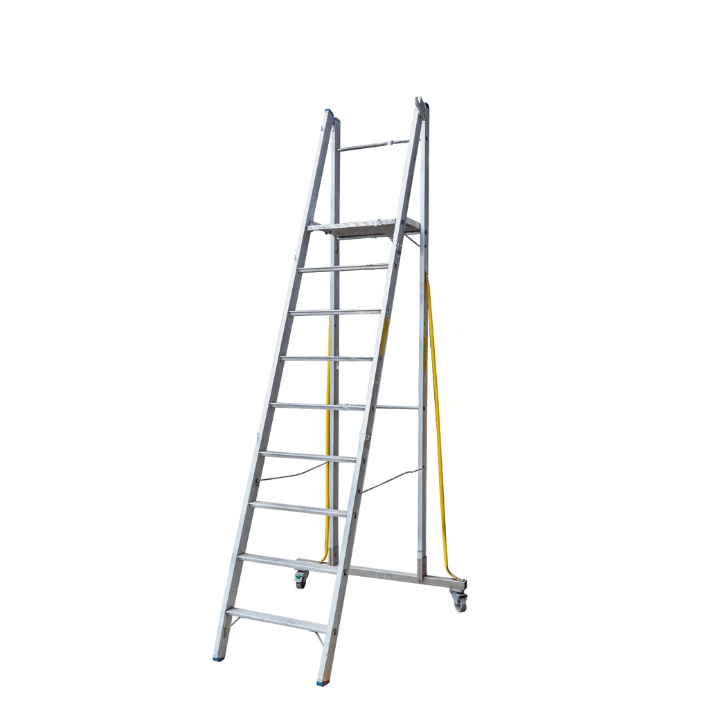 drabina platformowa aluminiowa, drabina z barierkami, drabina robocza przemysłowa, drabina aluminiowa do magazynu, drabina z platformą roboczą, drabina przejezdna z kołami, drabina z poręczami