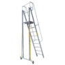 drabina platformowa aluminiowa, drabina z barierkami, drabina robocza przemysłowa, drabina aluminiowa do magazynu, drabina z platformą roboczą, drabina przejezdna z kołami, drabina z poręczami