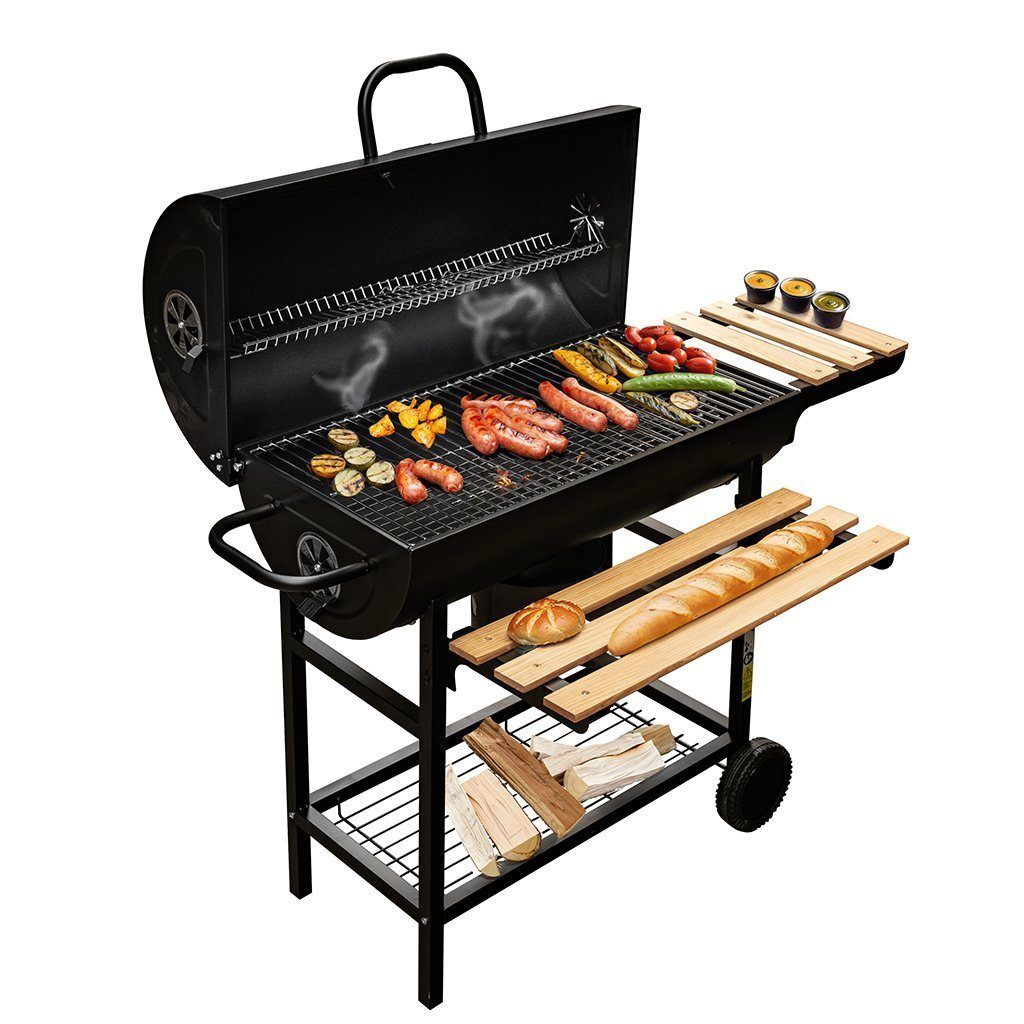 grill węglowy beczka, grill ogrodowy z pokrywą, grill z termometrem, grill wózek na kołach, grill ogrodowy mobilny