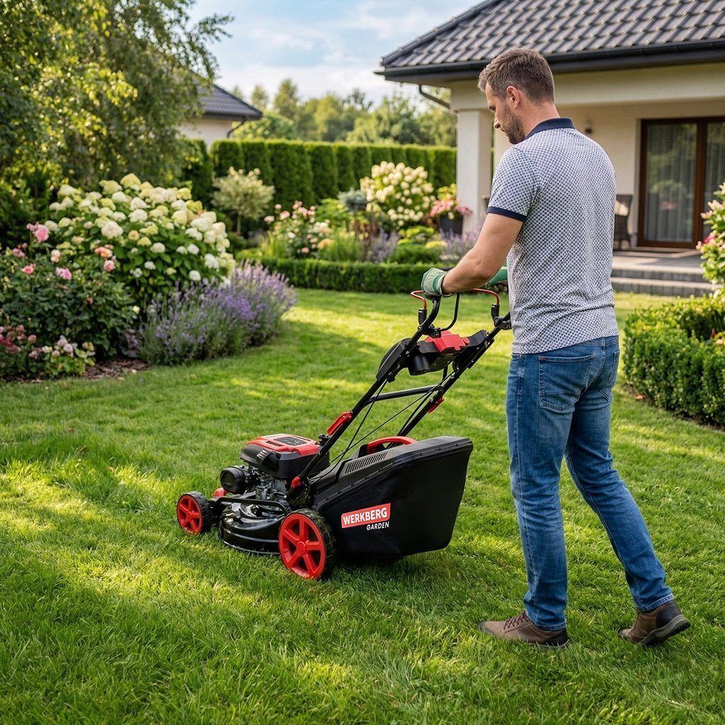 kosiarka do trawy, kosiarka z napędem, kosiarka spalinowa z rozrusznikiem elektrycznym WERKBERG Garden 51 cm