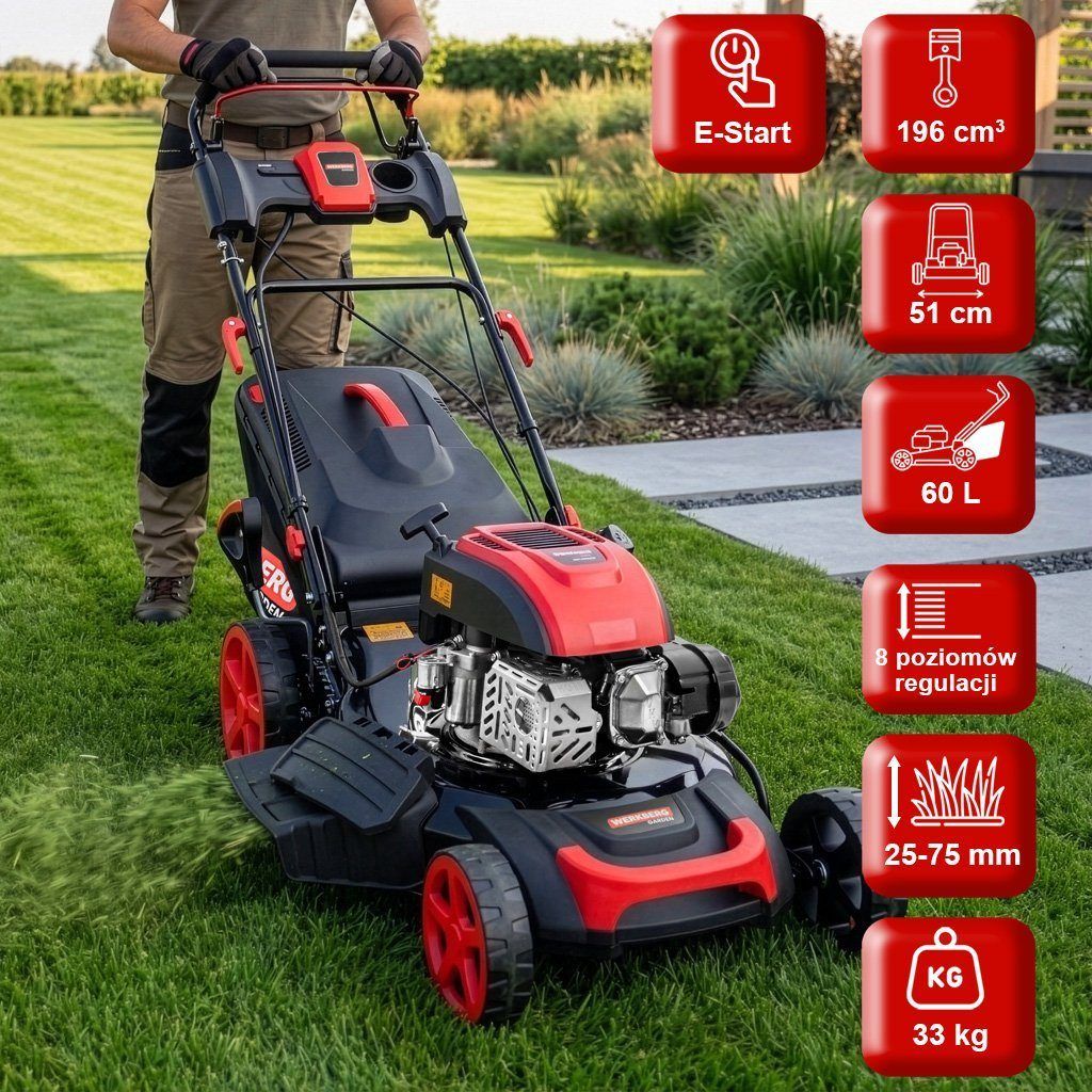 kosiarka do trawy, kosiarka z napędem, kosiarka spalinowa z rozrusznikiem elektrycznym WERKBERG Garden 51 cm