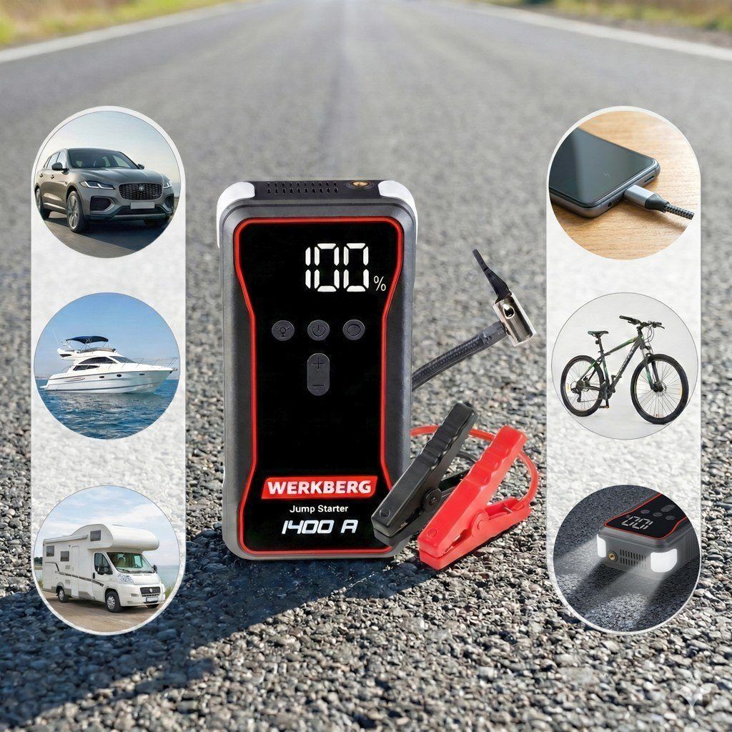 Urządzenie rozruchowe Powerbank Booster WERKBERG AL002 700A1400A 18000mAh kompresor lifestyle
