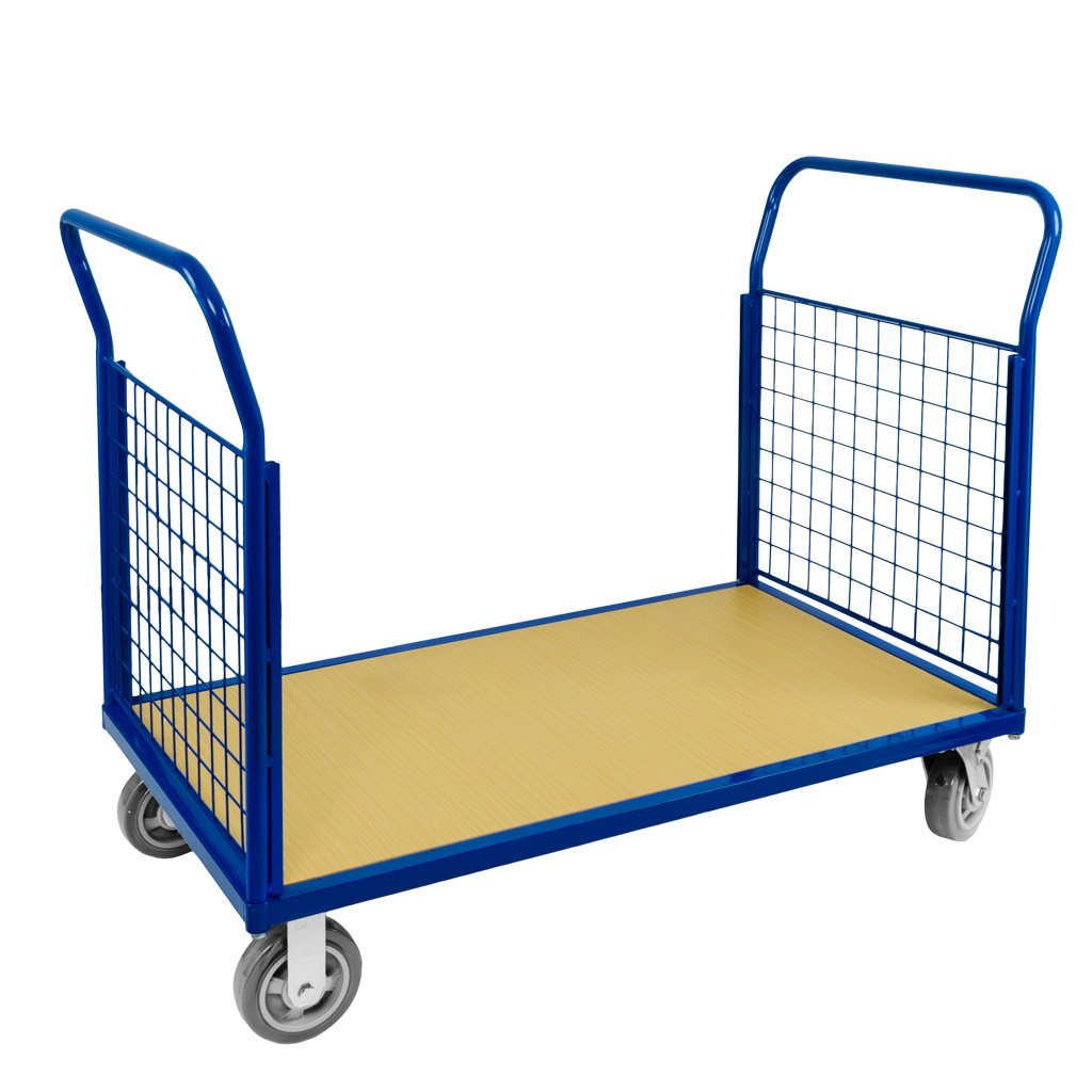 wózek platformowy, wózek magazynowy, wózek transportowy, wózek, wózek do magazynu, wózek na kartony i beczki, transport towarów, wózek z burtami, wózek platformowy z burtami