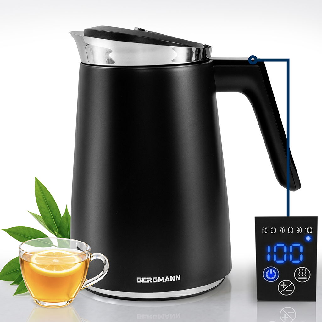 Czajnik elektryczny BERGMANN FR007 1,5L 2200W z regulacją temperatury 50-100°C czarny mat cyfrowy wyświetlacz
