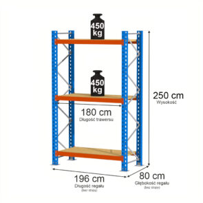 Zdjęcie produktu: Regał magazynowy 3-półkowy Mega-M XR H-250 cm L-196 cm G-80 cm 450 kg moduł bazowy