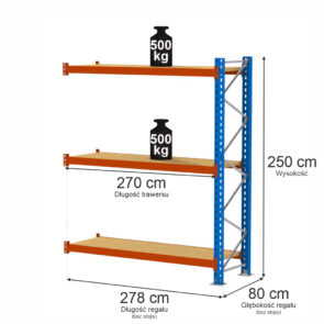 Zdjęcie produktu: Regał magazynowy 3-półkowy Mega-M XR H-250 cm L-278 cm G-80 cm 500 kg moduł dostawny