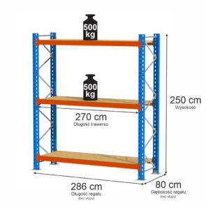 Zdjęcie produktu: Regał magazynowy 3-półkowy Mega-M XR H-250 cm L-286 cm G-80 cm 500 kg moduł bazowy