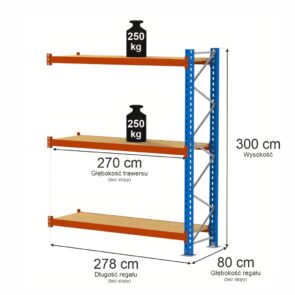 Zdjęcie produktu: Regał magazynowy 3-półkowy Mega-M XR H-300 cm L-278 cm G-80 cm 250 kg moduł dostawny