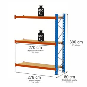 Zdjęcie produktu: Regał magazynowy 3-półkowy Mega-M XR H-300 cm L-278 cm G-80 cm 500 kg moduł dostawny