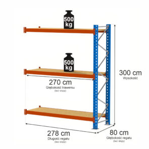 Zdjęcie produktu: Regał magazynowy 3-półkowy Mega-M XR H-300 cm L-278 cm G-80 cm   500 kg moduł dostawny niebiesko-pomarańczowe