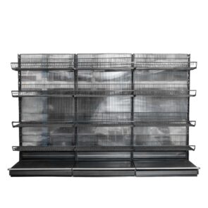 Zdjęcie produktu: Regał sklepowy WANZL (wire-tech) przyścienny H-195 cm L-312 cm 12 półek koszowych tył poliwęglan