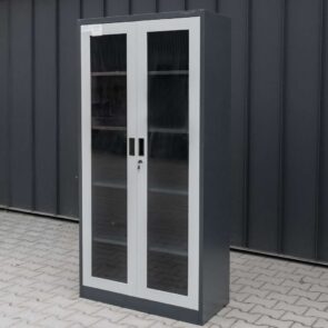 Zdjęcie produktu: Szafa biurowa metalowa na dokumenty Mega-M WENUS przeszklone drzwi S- 90 cm G- 40 cm H-185 cm grafitowa szary front POSERWISOWA
