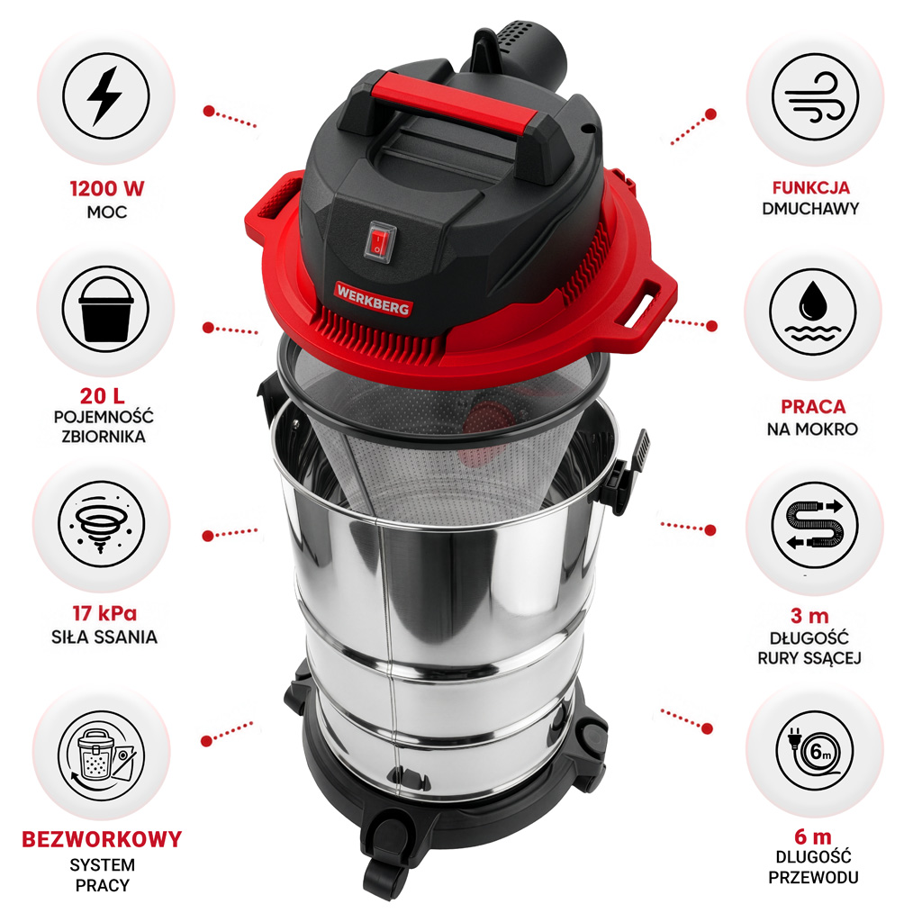 Odkurzacz przemysłowy warsztatowy WERKBERG ODKTB102 wet&dry 20L 1200W