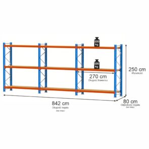 Zdjęcie produktu: Regał magazynowy 9-półkowy Mega-M XR H-250 cm L-842 cm G-80 cm 500 kg