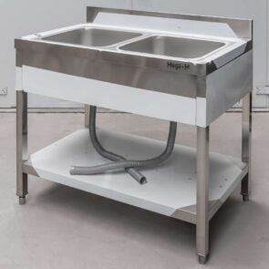 Zdjęcie produktu: Zlew gastronomiczny dwukomorowy z maskownicą i półką Mega-M 100x60x85 cm stal nierdzewna POSERWISOWY