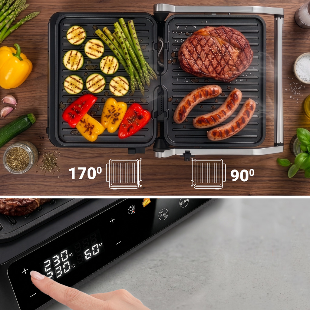 Grill elektryczny ryflowany kontaktowy do domu BERGMANN AI003 2000W wyświetlacz LED 8 programów automatycznych