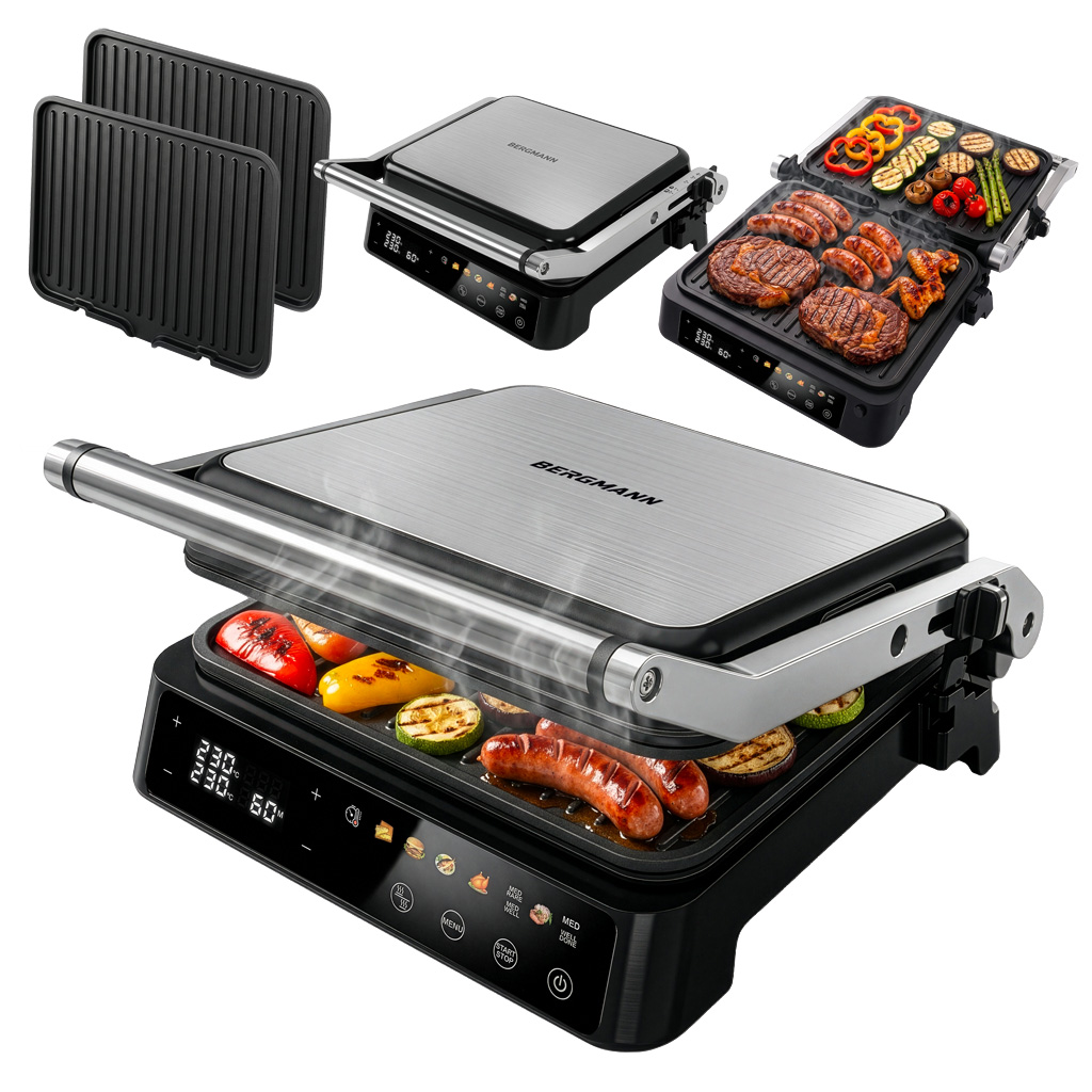 Grill elektryczny ryflowany kontaktowy do domu BERGMANN AI003 2000W wyświetlacz LED 8 programów automatycznych