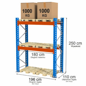 Zdjęcie produktu: Regał magazynowy paletowy Mega-M XR 0+2 H-250 cm L-196 cm moduł bazowy 2000 kg nośność na parę trawersów